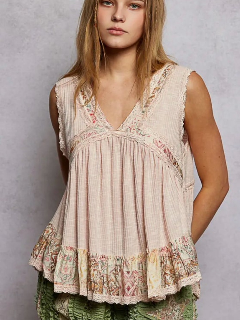 POL Cream Lace-Trim Boho Tank Top